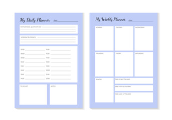 SET Planners Template of personal daily and weekly planner, weekly plan and Trendy pastel colors  light blue. Planner weekly and daily planner pastel color cute