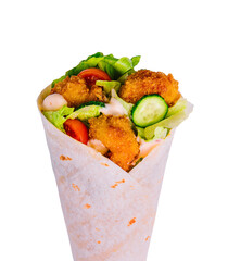 Fried chicken wrap in pita bread with fresh vegetables