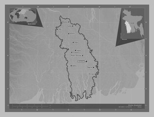 Khulna, Bangladesh. Grayscale. Labelled points of cities