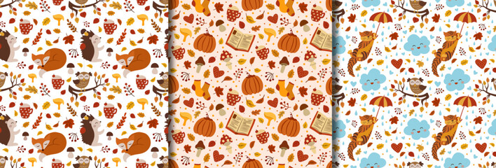 Autumn cozy seamless patterns with falling leaves, pumpkinsand cute animals. Infinite vector background
