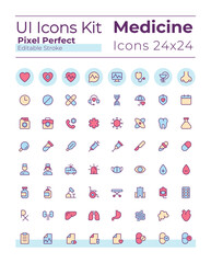 Medicine related pixel perfect RGB color ui icons set. Healthcare. Hospital and clinic. GUI, UX design for mobile app. Vector isolated pictograms. Editable stroke. Montserrat Bold, Light fonts used