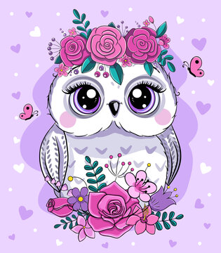 Llittle cute owl and flowers. cartoon vector illustration