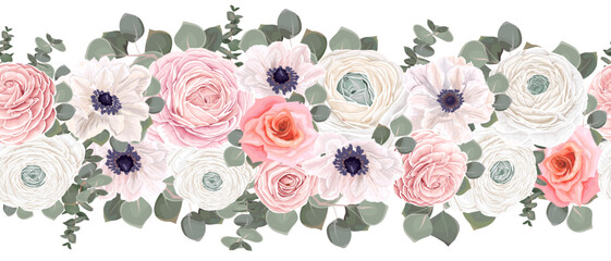 Fototapeta Seamless vector floral border. Pink roses, white ranunculus, anemones, eucalyptus, green plants and leaves  obraz