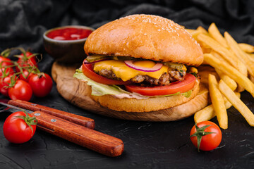 Burger, hamburger with french fries cutting board