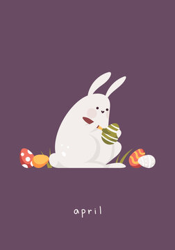 Card with rabbit. Cute bunny coloring easter eggs. Month april. Happy Easter.
