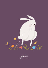 Card with rabbit. Cute bunny jumping on grass and flower field. Month june, summer vacation.