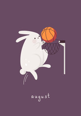 Card with rabbit. Cute bunny playing basketball. Month august, summer activities.