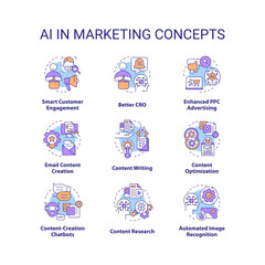 AI in marketing concept icons set. Digital technology for business. Innovations idea thin line color illustrations. Isolated symbols. Editable stroke. Roboto-Medium, Myriad Pro-Bold fonts used