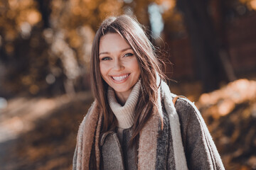 Fototapeta Close up portrait photo of nice adorable lady good mood fresh air september october evening dressed cozy coat outfit go outdoors obraz