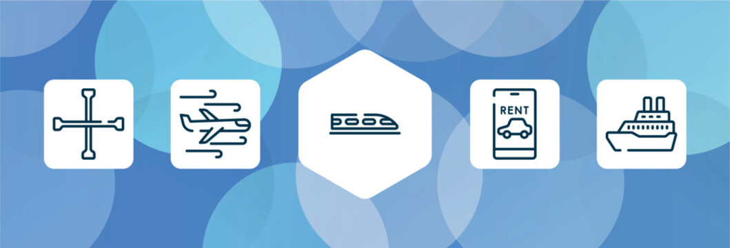 transportation outline icon set isolated on blue abstract background. thin line icons such as cross wrench, turbulence, hyperloop, rent a car, cruise ship vector. can be used for web and mobile.