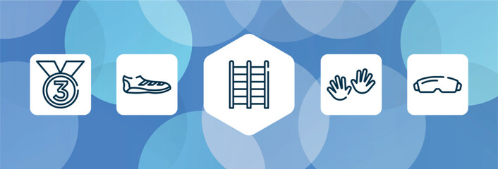 paintball outline icon set isolated on blue abstract background. thin line icons such as third place, soccer boots, trellis, hand, goggle vector. can be used for web and mobile.