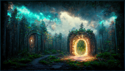 Fototapeta premium Spectacular fantasy scene with a portal archway covered in creepers. In the fantasy world, ancient magical stone gate show another dimension. Digital art 3D illustration.