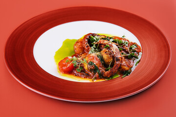 fried octopus and scallops in tomato sauce