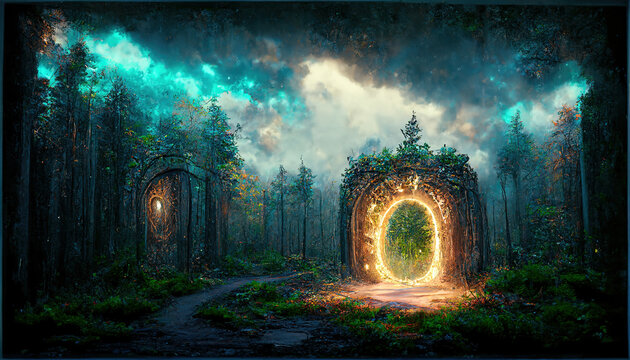 Spectacular fantasy scene with a portal archway covered in creepers. In the fantasy world, ancient magical stone gate show another dimension. Digital art 3D illustration.