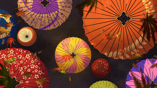 和傘と紅葉