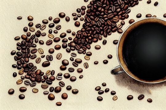Illustration of a black coffee with coffee beans. Watercolor painting of a top view of black espresso. Vintage style. Spilled roasted bean. Lungo beverage. Background, wallpaper. Generative AI