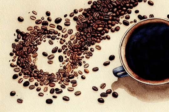 Illustration of a black coffee with coffee beans. Watercolor painting of a top view of black espresso. Vintage style. Spilled roasted bean. Lungo beverage. Background, wallpaper. Generative AI