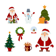 Christmas collection with traditional Christmas symbols. The Christmas template . Santa Claus, a glass ball, a gift, a wreath, a snowman, a mug with gingerbread and cocoa, a Christmas tree.  PNG