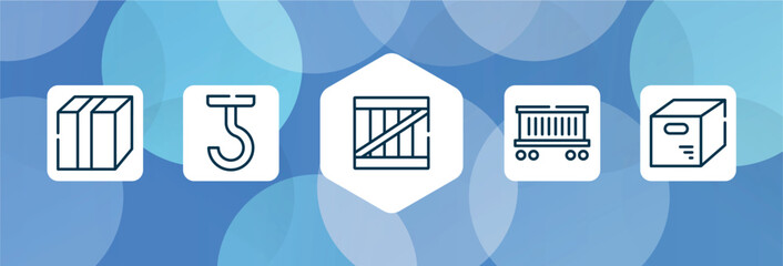 lineal logistic outline icon set isolated on blue abstract background. thin line icons such as closed cardboard box with packing tape, use hooks, wooden box, cargo train, opened packaged vector. can
