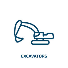 excavators icon from transportation collection. Thin linear excavators, truck, excavator outline icon isolated on white background. Line vector excavators sign, symbol for web and mobile