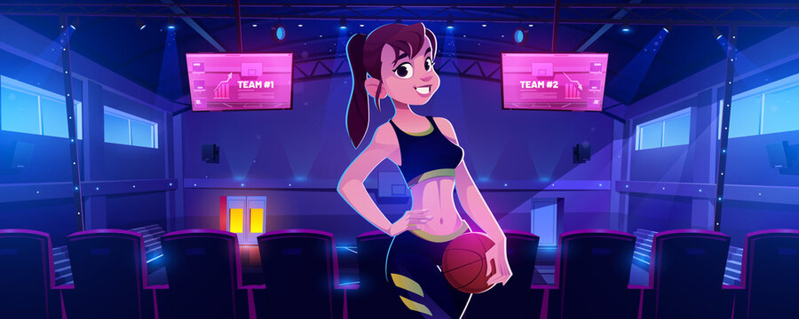 Girl Basketball Player Posing With Ball In Hand And Arm Akimbo In Indoor Court At Night. Cartoon Sportswoman Character In Dark High School Or College Gymnasium Sports Arena, Vector Illustration