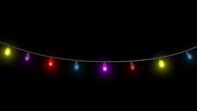 4K Beautiful christmas lights flashing christmas string lights, wire frame colorful light bulbs, change light show, new year lights, dark background. Holiday, Party, event and celebrations, Invitation