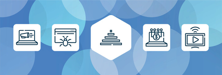 advertisement outline icon set isolated on blue abstract background. thin line icons such as laptop computer, web crawler, null, digital finance, live streaming vector. can be used for web and