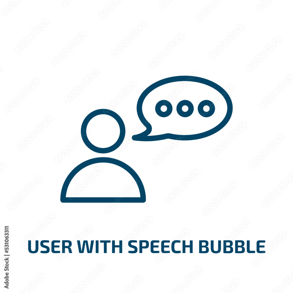 Poster user with speech bubble icon from user interface collection. Thin linear user with speech bubble, bubble, communication outline icon isolated on white background. Line vector user with speech bubble