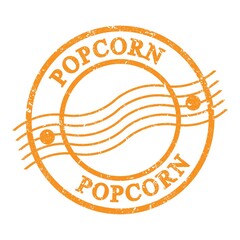 POPCORN, text written on orange postal stamp.