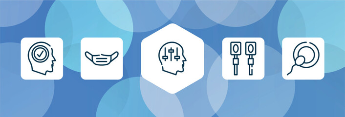 biochemistry and medicine outline icon set isolated on blue abstract background. thin line icons such as positivity, dentist mask, manipulation, electrotherapy, insemination vector. can be used for