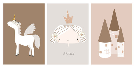 Set of cute pastel princess cards. Childish trendy graphic. Vector hand drawn illustration.