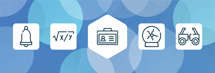 test outline icon set isolated on blue abstract background. thin line icons such as school alarm, equation, student card, plasma ball, testing glasses vector. can be used for web and mobile.