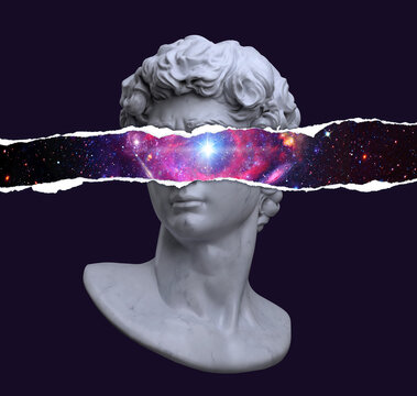 Abstract concept 3D rendering illustration of classical head bust sculpture with eye level torn paper unveiling a CG galaxy outer space and isolated on dark background.