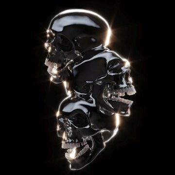 Abstract illustration from 3D rendering of a sculpture made of 3 fused black shiny metallic skulls isolated on black background and lit in a dramatic lightning.
