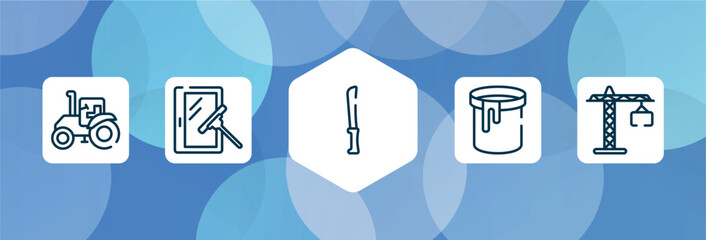 tools and hinery outline icon set isolated on blue abstract background. thin line icons such as farm tractor, window cleaner, bread knife, paint can open, null vector. can be used for web and