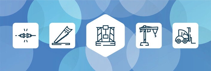 hand drawn construction outline icon set isolated on blue abstract background. thin line icons such as plug for electric connection, wood saw, derrick with box, construction hand drawn sketch, null