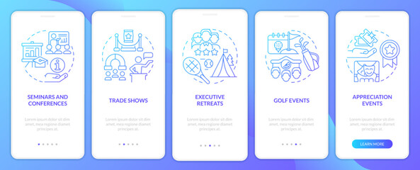 Corporate events types blue gradient onboarding mobile app screen. Business walkthrough 5 steps graphic instructions with linear concepts. UI, UX, GUI template. Myriad Pro-Bold, Regular fonts used