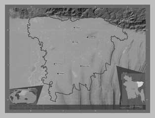 Sylhet, Bangladesh. Grayscale. Labelled points of cities