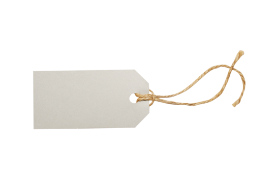 Mockup rustic paper white tag label isolated png, top view