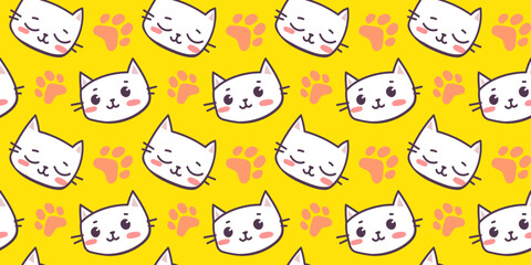 Vector illustration of happy cute cat character with paw print on yellow color background. Flat line art style design of seamless pattern with animal cat