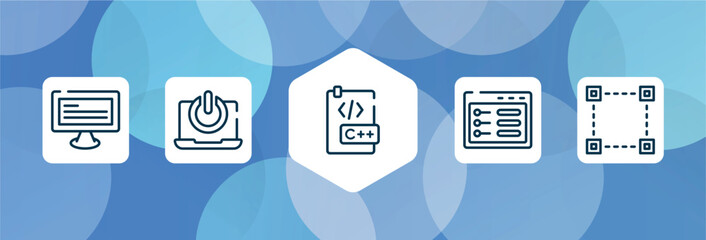 responsive web outline icon set isolated on blue abstract background. thin line icons such as monitor with text, on button, c document, ui de, selection square vector. can be used for web and