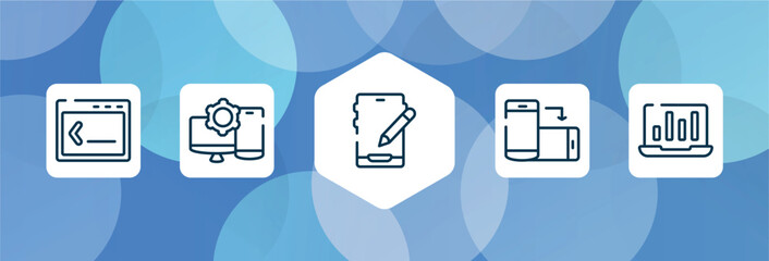 responsive web outline icon set isolated on blue abstract background. thin line icons such as command, display tablet smartphone cogwheel, edit tablet, rotate smartphone, stats on a screen vector.