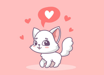 Obraz na płótnie Canvas Vector illustration of happy cute white cat character with speech bubble and heart on pink color background. Flat line art style design of animal cat