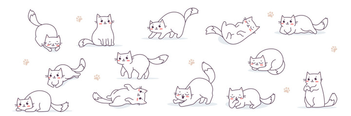 Vector set of illustration with happy cute different cat character on white color background with paw print. Flat line art style design of group of animal cat in different pose