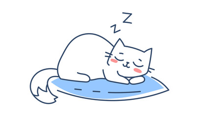 Vector illustration of lying happy cat character on blue pillow on white color background. Flat line art style design of sleeping and relaxing cute animal cat