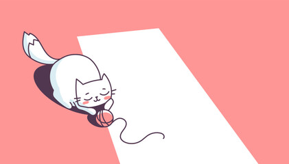 Vector illustration of happy cute cat character with red yarn ball on color background. Flat line art style design of playing animal cat