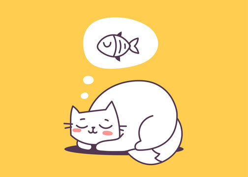 Vector illustration of happy cute sleeping cat character and dreaming of fish on yellow color background. Flat line art style design of curled up in a ball animal cat