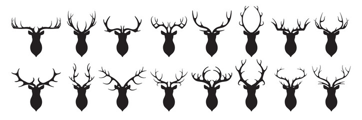 Head of deer silhouettes vector. Deer antlers vector set. Silhouette of the horns of a wild elk, roe deer on a white background.