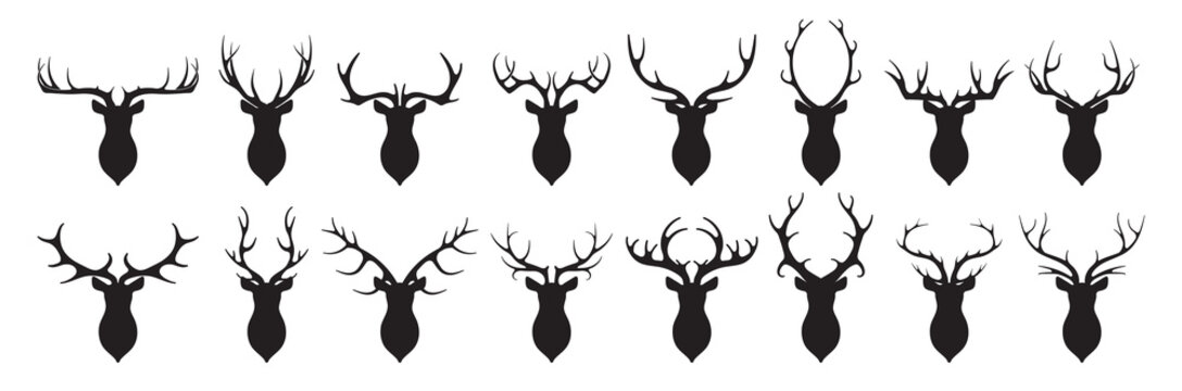 Head of deer silhouettes vector. Deer antlers vector set. Silhouette of the horns of a wild elk, roe deer on a white background.