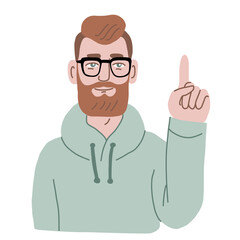 Male character holding up index finger. Pointing gesture. Hand drawn vector illustration